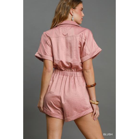 Umgee Button Down Side Pockets Short Sleeves Relaxed Charmeuse Romper | Blush - Picture 2 of 6